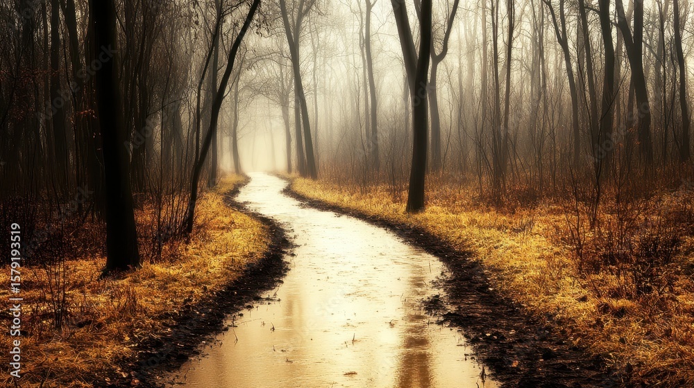 Naklejka premium Serene Winter Pathway Through Misty Forest in Soft Golden Light