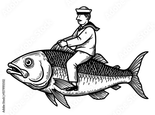 A Cartoon Style Sailor Riding a Big Fish Side View Black and White Outline Line Art Drawing Illustration