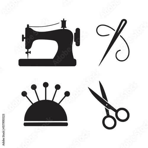 A black and white image showcasing sewing machine needle pin cushion and scissors in a square layout