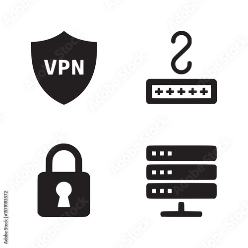 Four black icons representing vpn shield password hook padlock and server on a white background