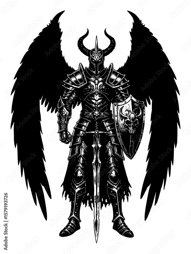 Fototapeta premium Full Length Front View of a Dark Fantasy Evil Hero with Armor and Wings Black and White Outline Line Art Drawing