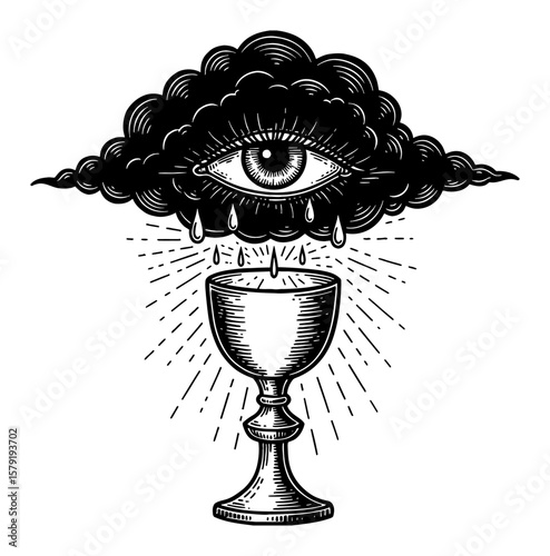 Eye Shaped Cloud with Tears Dropping into a Holy Grail Cup with Sun Ray Shining Black and White Outline Line Art Drawing
