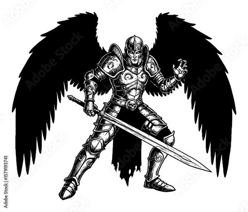 Fantasy Hero in Full Armor with Dark Wings in Aggressive Battle Pose Black and White Outline Line Art Drawing
