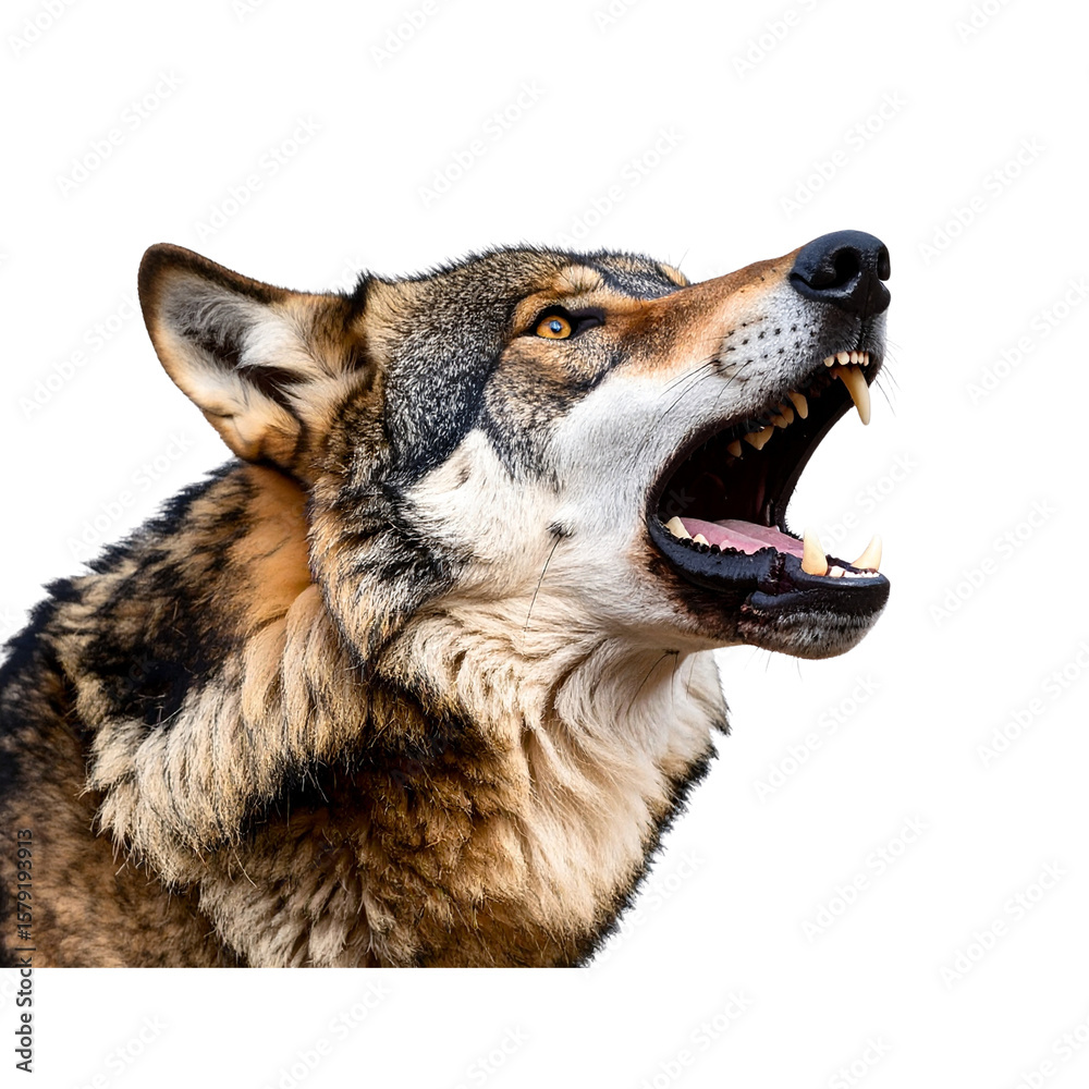 Fototapeta premium Close-Up of Howling Wolf Head with Open Mouth, Realistic Style, Transparent Background
