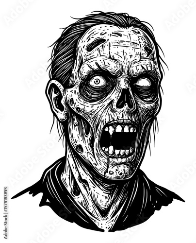 Scary Disfigured Zombie Portrait Black and White Outline Line Art Drawing of a Creepy Undead Monster