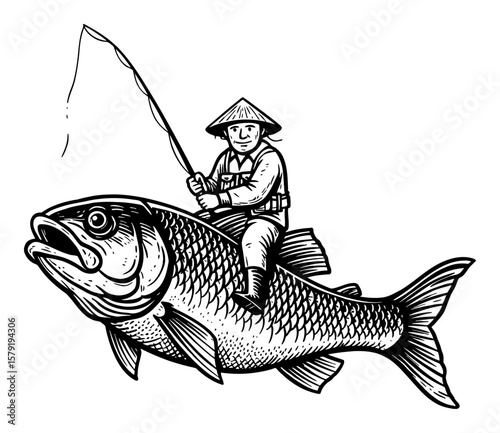 A Fisherman Riding a Giant Big Fish with Rod Cartoon Style Black and White Outline Line Art Drawing