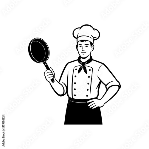 silhouette of a chef holding a frying pan in black and white vector art