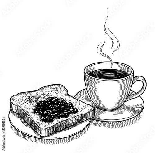 Black and White Outline Line Art Drawing of Hot Coffee beside Toasted Bread with Full Berry Jam for Breakfast