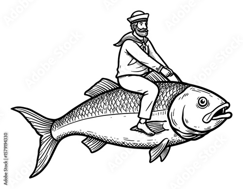 A Sailor Riding a Big Fish Cartoon Style Side View Black and White Outline Line Art Drawing