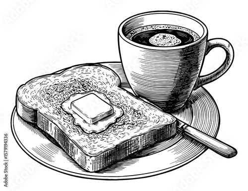 Coffee and Toasted Bread with Melting Butter and Knife on Plate Black and White Outline Line Art Drawing