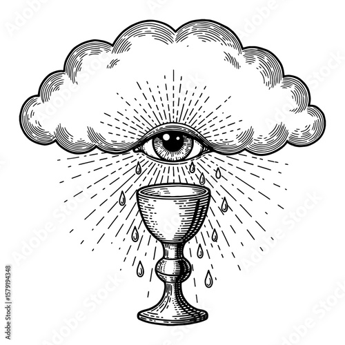 Eye Shaped Cloud with Tears Dropping to a Holy Grail Cup with Sun Ray Shining Effect Black and White Outline Line Art Drawing