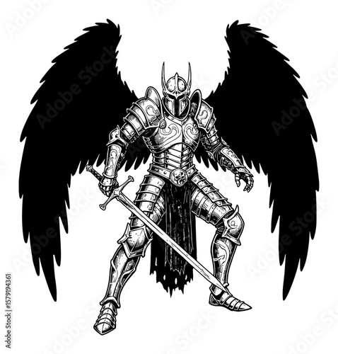 Fantasy Hero Knight with Detailed Armor and Dark Wings in Battle Pose Black and White Outline Line Art Drawing