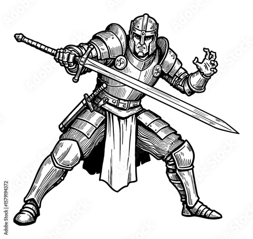 Fantasy Hero Knight in Full Armor Holding Sword Aggressive Fighting Pose Black and White Outline Line Art Drawing