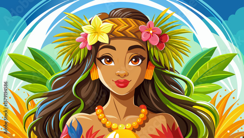 The Hawaiian hula outfit includes a grass skirt, coconut bra, and flower lei, radiating tropical energy and island spirit, captured in vibrant color from a front-facing close vector perspective.