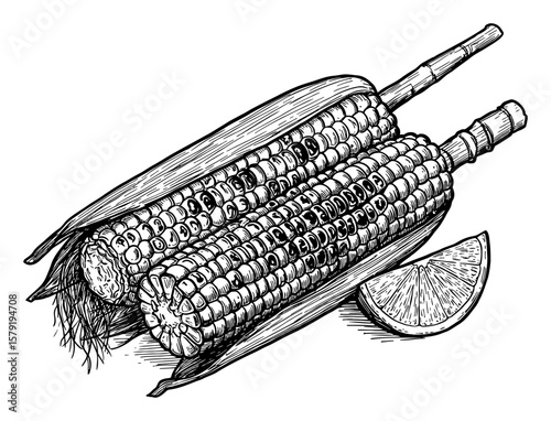 Delicious Grilled Corn Cobs with Fresh Lemon Wedge Black and White Outline Line Art Drawing Food