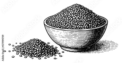 Quinoa Grain in Bowl and Pile Black and White Outline Line Art Drawing for Healthy Food Ingredient