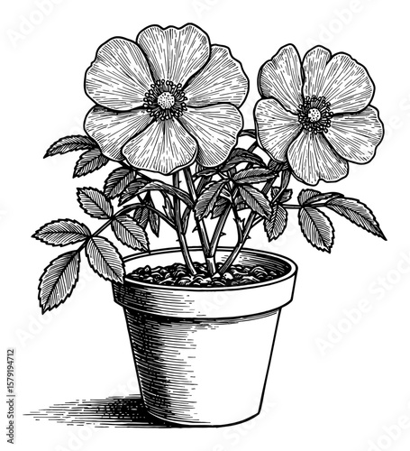 Rosa Canina Flower Plant in Pot Black and White Outline Line Art Drawing Vintage Style Botanical Illustration Isolated Object