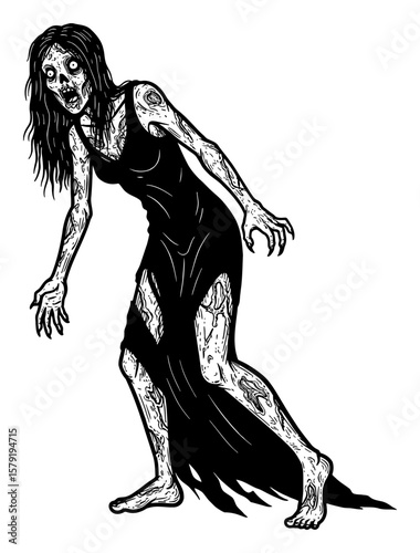 Scary Disfigured Female Zombie Full Body Shot Black and White Outline Line Art Drawing Horror Creature