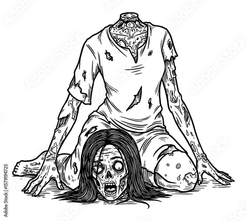 Scary Disfigured Headless Zombie Trying to Find Her Head on the Floor Black and White Outline Line Art Drawing