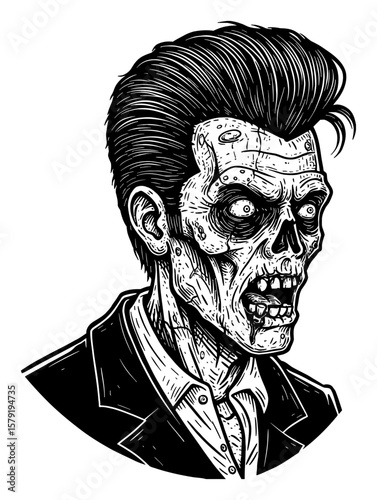 Scary Disfigured Zombie with Pompadour Hair Wearing Suit Black and White Outline Line Art Drawing