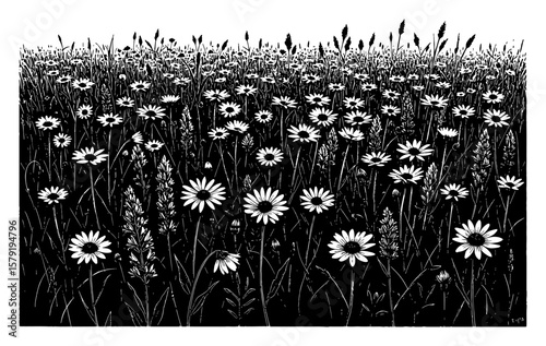 Wide Angle View of Wildflowers Field with Blooming Daisies and Lush Grass Black and White Outline Line Art Drawing