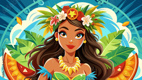 The Hawaiian hula outfit includes a grass skirt, coconut bra, and flower lei, radiating tropical energy and island spirit, captured in vibrant color from a front-facing close vector perspective.