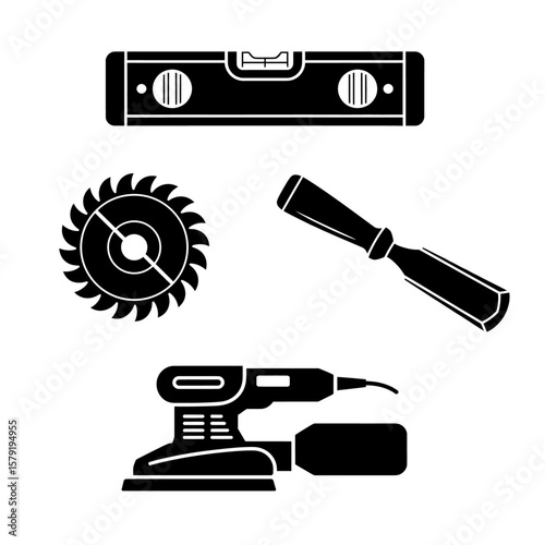 silhouette of construction tools including a level, saw, chisel, and sander in black and white vector art