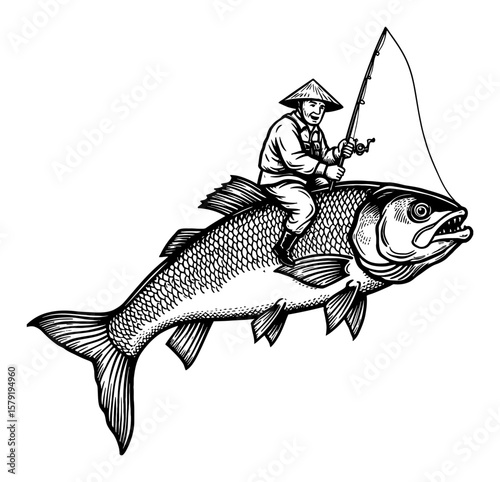Cartoon Style Fisherman Riding Big Fish with Fishing Rod Black and White Outline Line Art Drawing