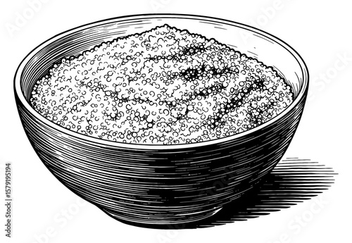 Healthy Quinoa in a Ceramic Bowl Black and White Outline Line Art Drawing Organic Grain Ingredient