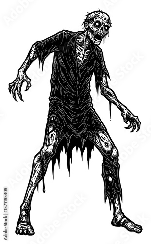 Scary Disfigured Full Body Zombie in Vintage Black and White Outline Line Art Drawing Horror Creature