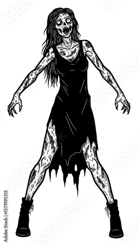 Scary Disfigured Female Zombie Full Body Shot Black and White Outline Line Art Drawing in Tattered Dress