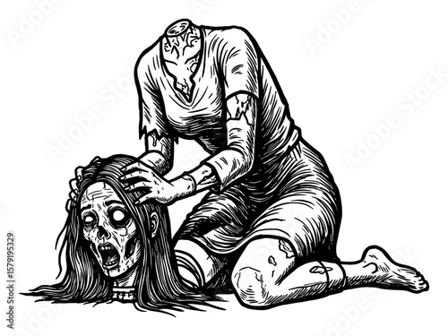 Scary Disfigured Headless Zombie Woman Finding Her Head on the Floor Black and White Outline Line Art Drawing