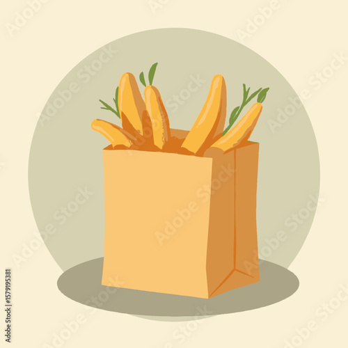 A paper bag overflowing with fresh, vibrant carrots and green sprigs.