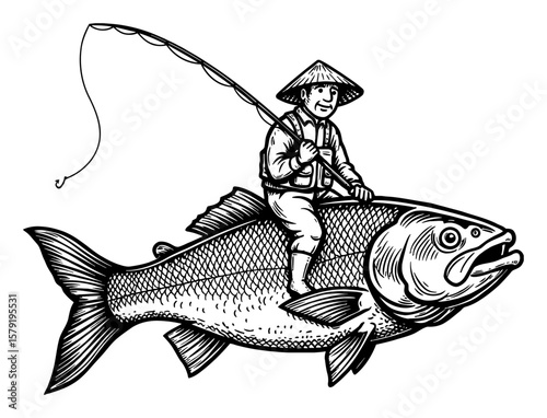 A Fisherman Riding a Big Fish Cartoon Style Side View Black and White Outline Line Art Drawing