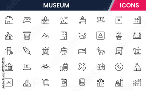 Vector illustration web line icon collection for museum: artifacts, exhibits, culture, and history symbols in a refined, modern, and elegant design style.