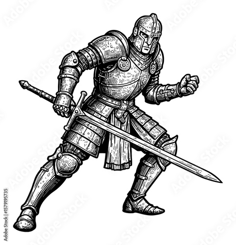 Fantasy Hero in Detailed Armor Fighting Pose Black and White Outline Line Art Drawing