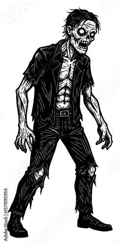Male Zombie Full Body Shot Black and White Outline Line Art Drawing Horror Creature Walking Undead