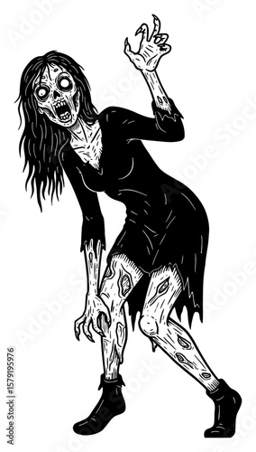 Scary Disfigured Female Zombie Full Body Shot Black and White Outline Line Art Drawing with Tattered Dress