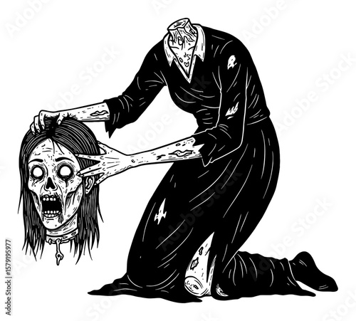 Scary Disfigured Headless Zombie Woman Kneeling Holding Her Own Severed Head Black and White Outline Line Art Drawing