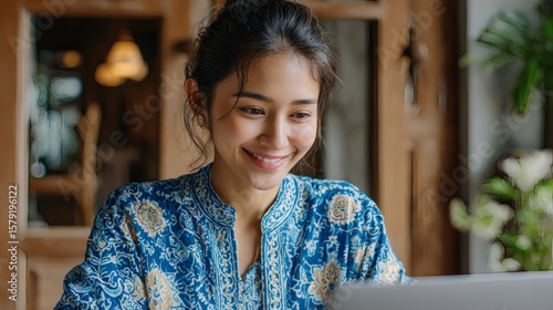 Smiling woman in batik browsing laptop in a warm modern workspace Image 4K UHD