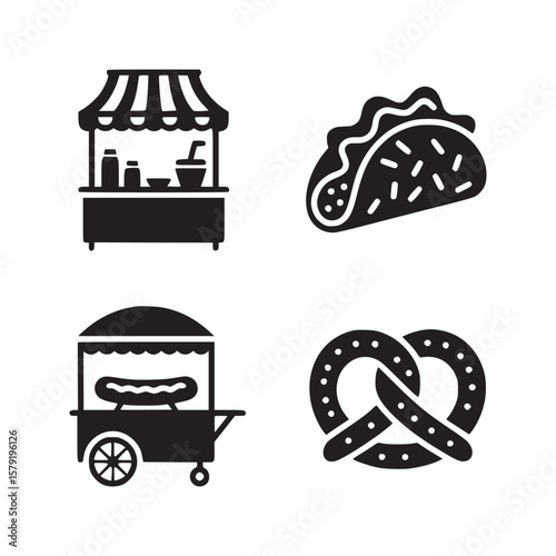 A collage of food icons including food carts a taco and a pretzel in black and white color scheme