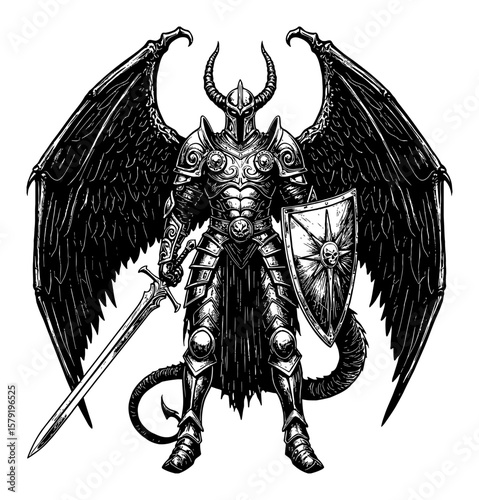 Fantasy Evil Hero with Armor Dragon Wings Sword Shield Horned Helmet Black and White Outline Line Art Drawing