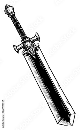 Epic Fantasy Giant Claymore Weapon with Intricate Skull Hilt Black and White Outline Line Art Drawing