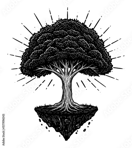Floating Glowing Tree on Island in Outer Space Black and White Outline Line Art Drawing