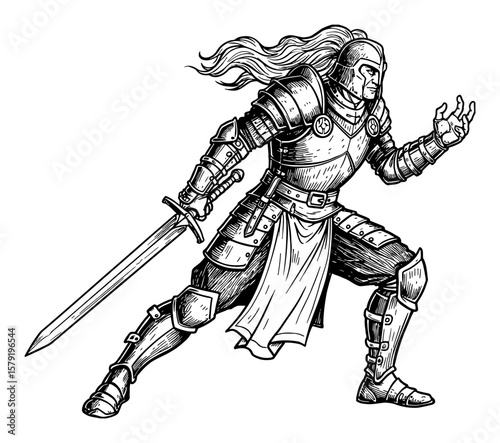 Fantasy Hero Knight in Armor with Sword in Dynamic Fighting Pose Black and White Outline Line Art Drawing