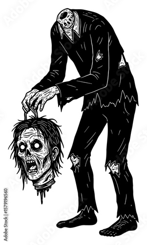 Scary Disfigured Headless Zombie Holding His Own Small Decayed Head in Black and White Outline Line Art Drawing