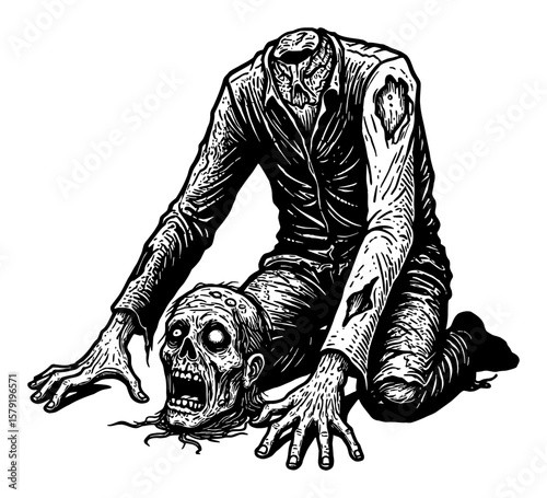 Scary Disfigured Headless Zombie Crawling on Floor Searching for Its Head Black and White Outline Line Art Drawing