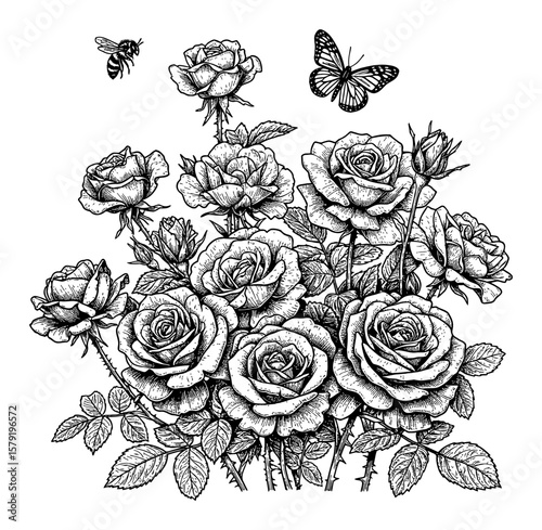Wallpaper Mural Beautiful Vintage Roses Bouquet with Flying Bees and Butterfly Black and White Outline Line Art Drawing Torontodigital.ca
