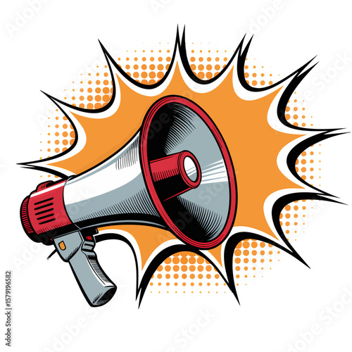 Cartoon Megaphone Illustration Featuring Silver Body with Red Accents over Orange Burst and Dot Background for Bold Communication and Announcement Visual Design