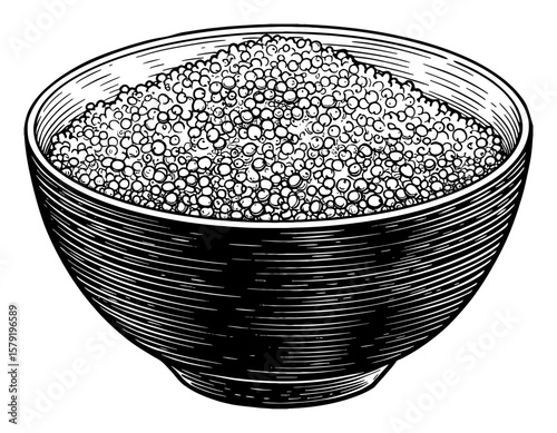 Quinoa Grains in a Bowl Detailed Black and White Outline Line Art Drawing Isolated Object Engraving Style